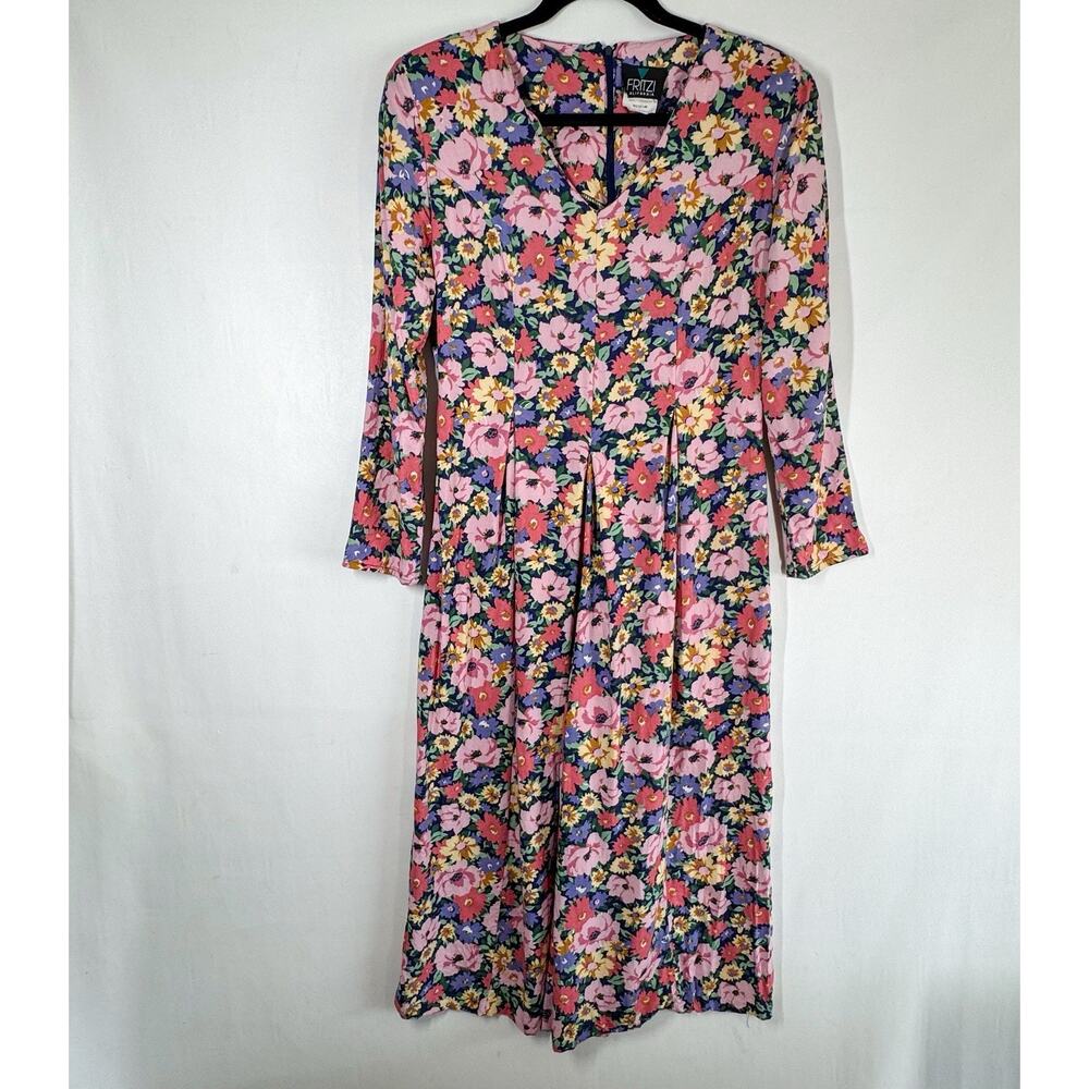 Fritzi California Rayon Floral Romper Jumpsuit M Pleated Wide Leg V Neck Long
